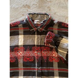 Vintage Krazy Kat Shirt Womens Sz M Black Gray Plaid Embroidered Hearts 90s Folk